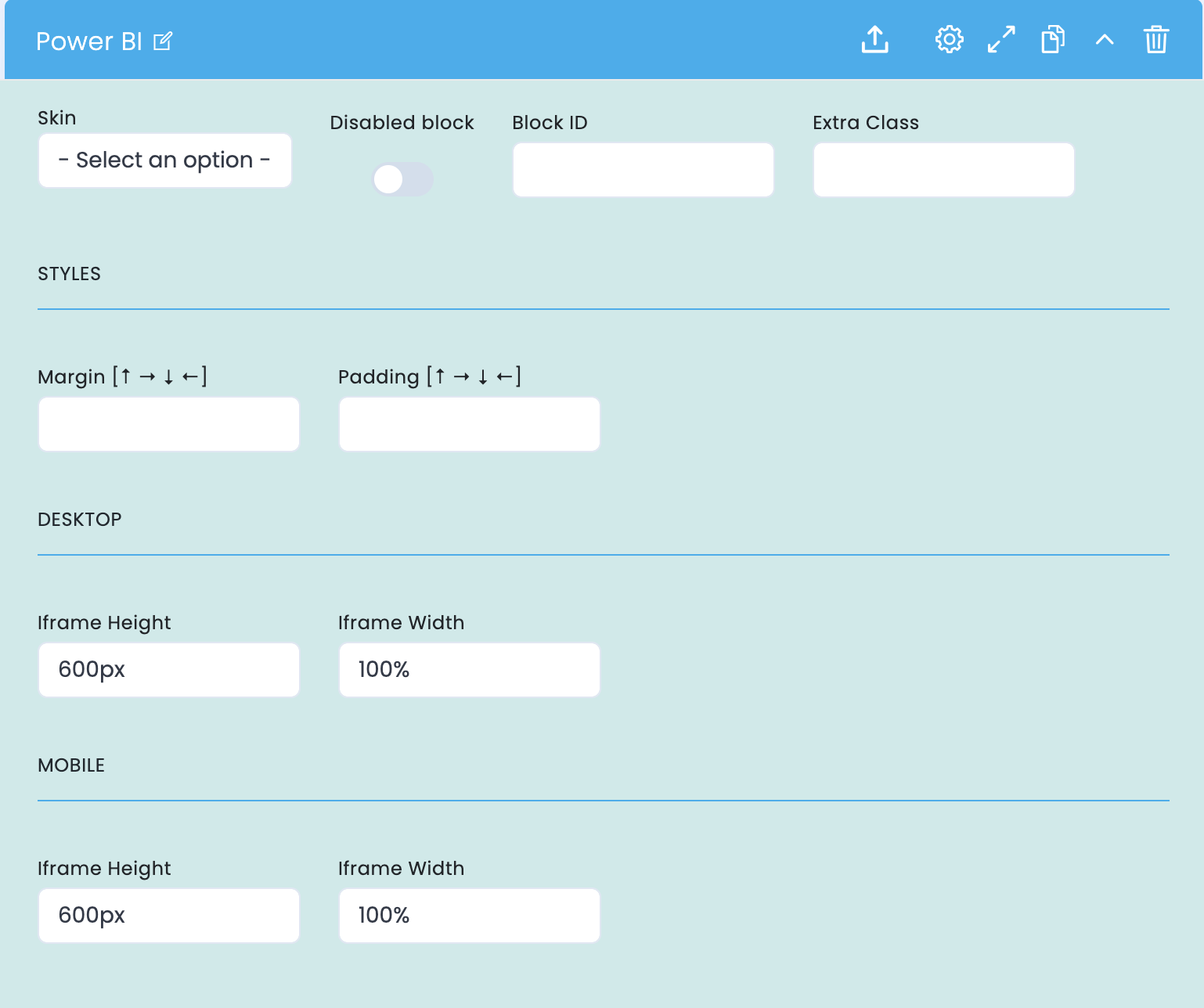 Configurações avançadas do bloco Power BI